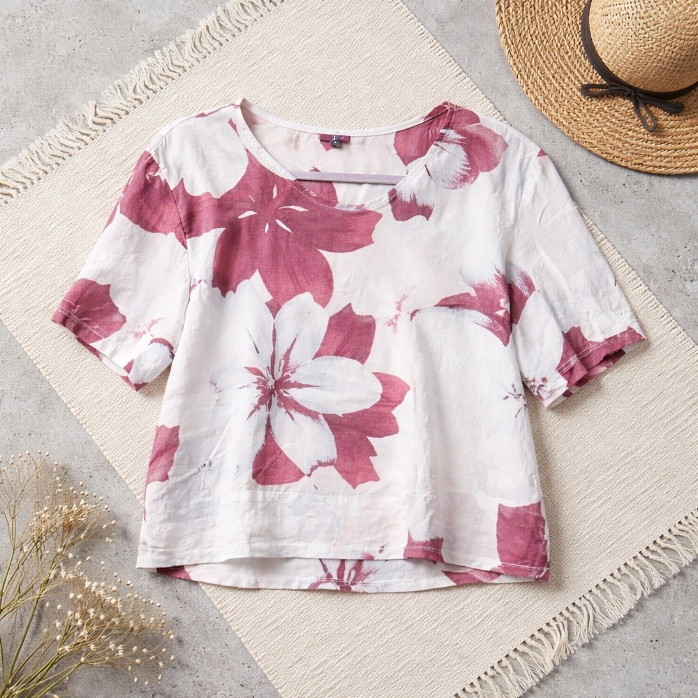 Lord & Taylor L 100% Linen Tunic Top‎ Bell Sleeves Burgundy Pink Floral Hi Lo